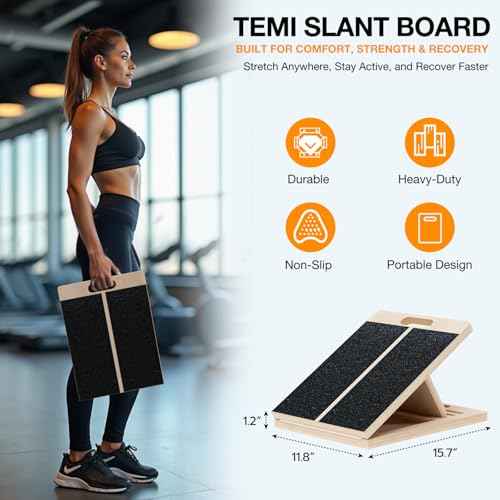 TEMI Slant Board for Calf-Stretching - Wooden Incline Wedge Stretcher for Squats, Foot & Ankle Mobility, Portable Fitness Equipment, Balance Block