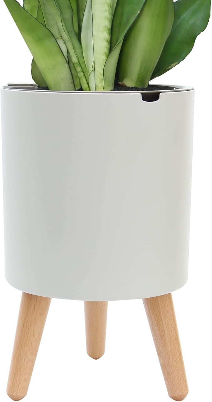 Oliz 7.8 Inch Planter Pot with Solid Wood Legs, Self Watering Planter Pots with Water Shortage Alarm Planter Pot for Indoor Outdoor Modern Flower Planter for Home & Garden(White)