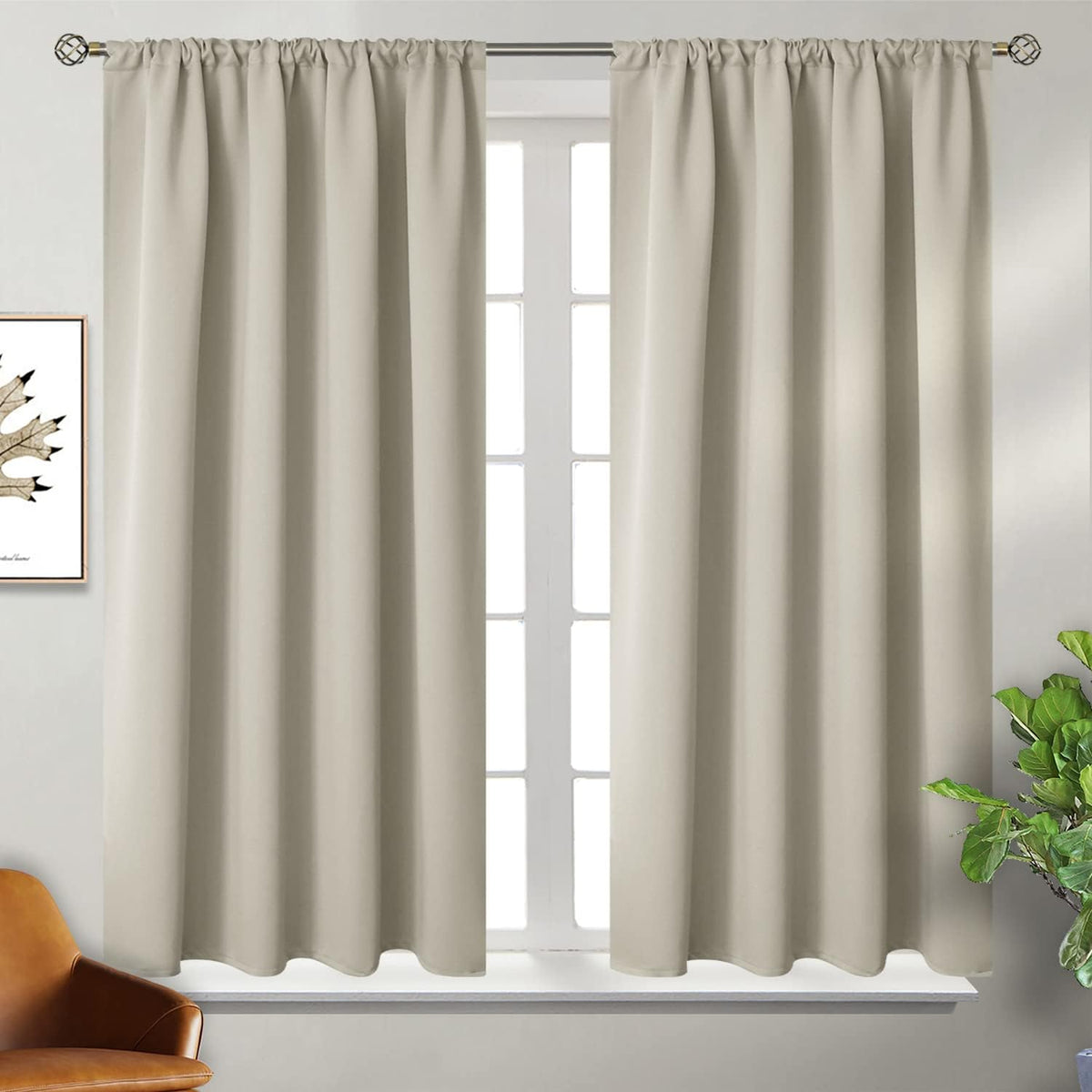 BGment Short Blackout Curtains 48 Inches Length - Rod Pocket Thermal Insulated Room Darkening Window Drapes for Kitchen Bedroom Bathroom, Light Camel, 2 Panels, 42 x 48 Inch
