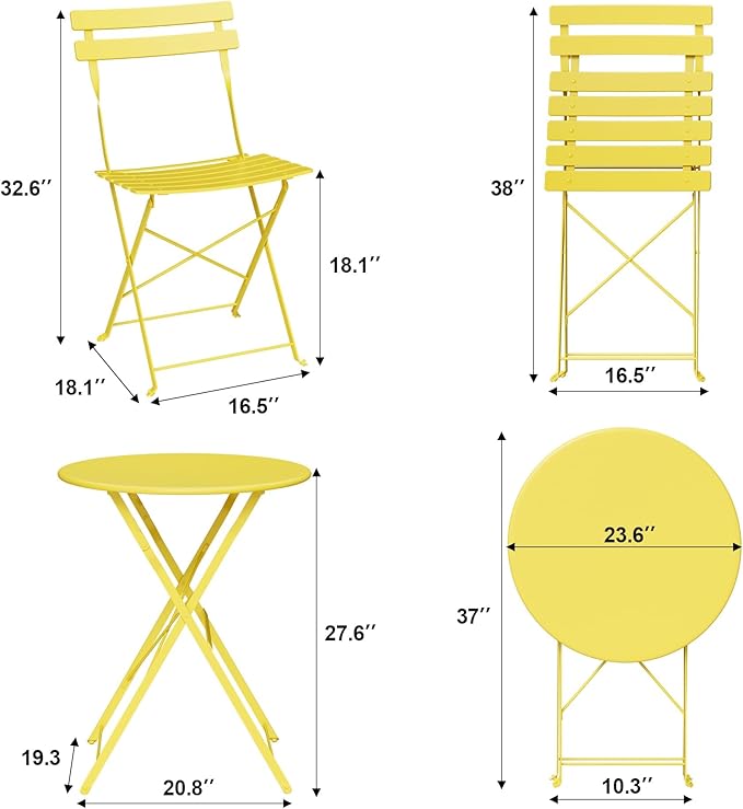 3-Piece Folding Bistro Set, Outdoor Patio Furniture Set with 2 Chairs & 1 Table, Space-Saving Foldable Balcony Garden Set with Heavy-Duty Powder-Coated Steel Frame, No Assembly Required, Yellow