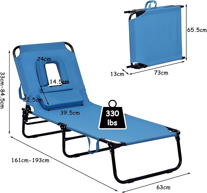 Folding Beach Lounge Chair w/ 5 Adjutable Backrest & Padded Pillow, Sunbathing Lounger Chair, Sun Tanning Lay Flat Chair for Seaside Pool Deck, Max Load 330 LBS, No Assembly Required (Blue)
