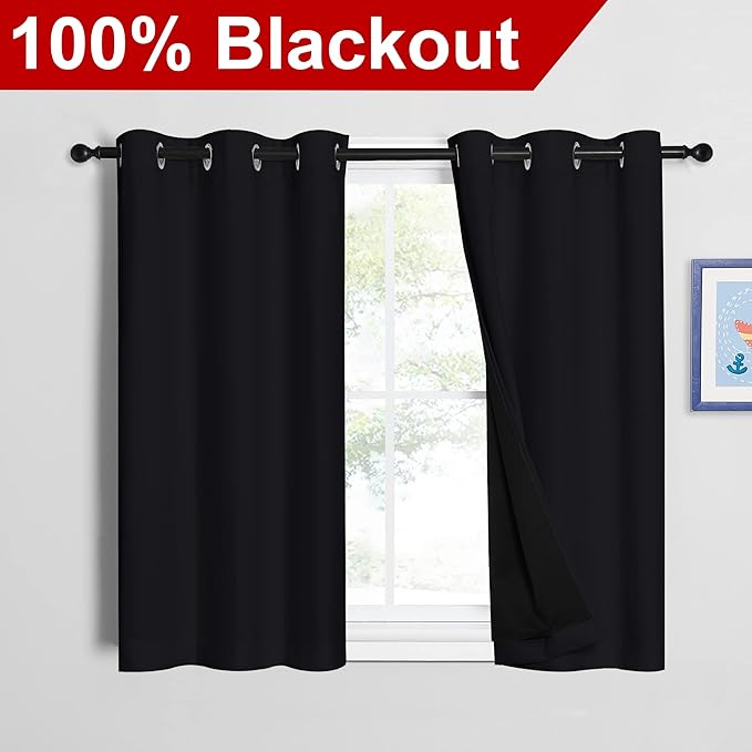 NICETOWN Black 100% Blackout Curtains 45 inches Length, 2 Thick Layers