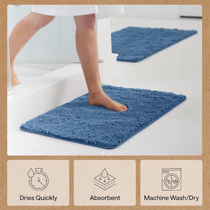 GORILLA GRIP Bath Rug Mat 36x24, Thick Soft Absorbent Chenille, Quick Dry Microfiber Mats, Rubber Backing Washable Shower Floor Rugs, Bathmat Runner, US Designed Bathroom Home Decor Accessories Blue