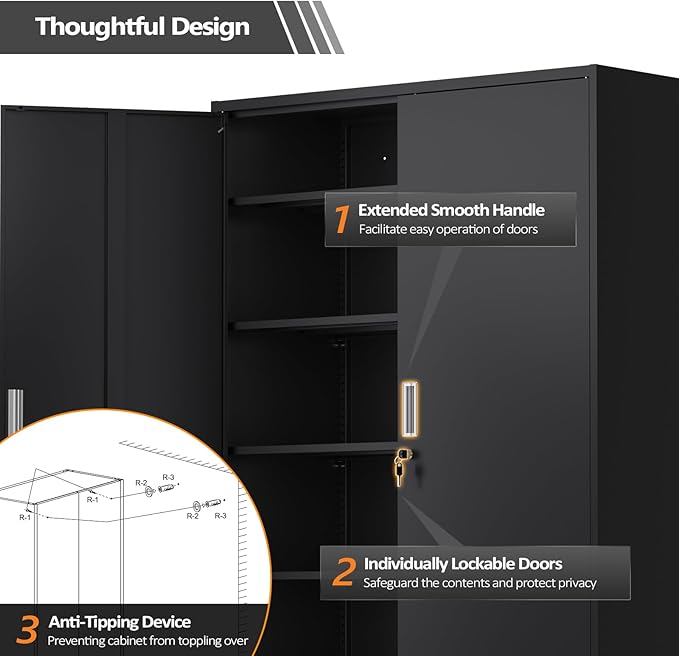 VINGLI Large Metal Storage Cabinet with 2 Doors and 5 Adjustable Shelves, Upgraded Height & Wide & Deep, 43''W x 20''D x 72''H, Oversized Garage Storage Cabinet with Wheels and Locks (Black)