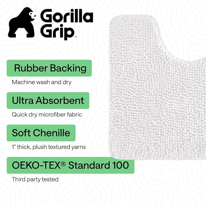 GORILLA GRIP Bathroom Rug Sets 3 Piece, Bath Mat Set and Oval Toilet Base with Rubber Backing, Plush Absorbent Shaggy Chenille Washable Mats, Includes 24x19.5, 24x17 and 30x20 Inch Rugs, Cream
