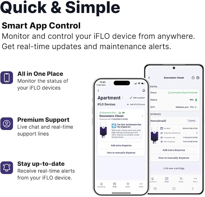 iFLO® Smart A/C Drain Line and Drain Pan Cleaner for HVAC System, Clog-Free, Easy Installation & App-Controlled Air Conditioner Maintenance, Includes 36oz Cleaner Cartridge, 3 Month Supply
