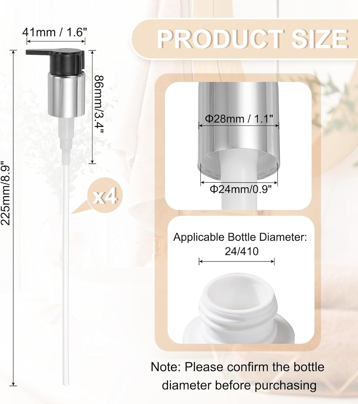 uxcell 4 Pcs Soap Dispenser Pump Heads, Hand Soap Dispensers Top Pumps Replacement Clip-on Pumphead for Standard 24/410 Neck Size Bathroom Lotion Shampoo Bottle, Silver Black