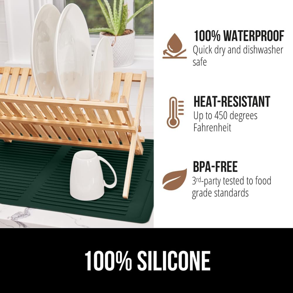 GORILLA GRIP 100% BPA-Free Silicone Dish Drying Mat for Kitchen Counter, Quick Dry, Water Catching Ribbed Design, Easy Clean Waterproof Sink Liner, Heat Resistant, Fits Under Rack, 16x12, Hunter Green