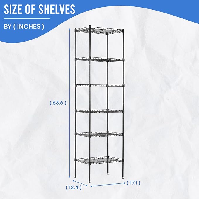 PayLessHere 6-Tier Adjustable Metal Storage Shelves - Max Load Capacity 600 lbs - Easy Assembly - 12" W x 17" D x 64" H NSF Certified - Versatile for Various Uses,Black