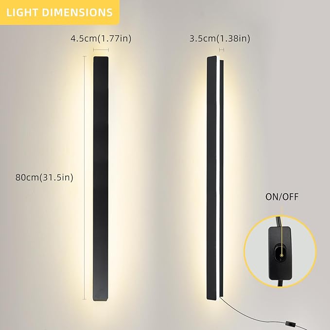 KELUOLY Modern Plug in Wall Lights, 31.4 inch Frosted Black LED Long Wall Sconce