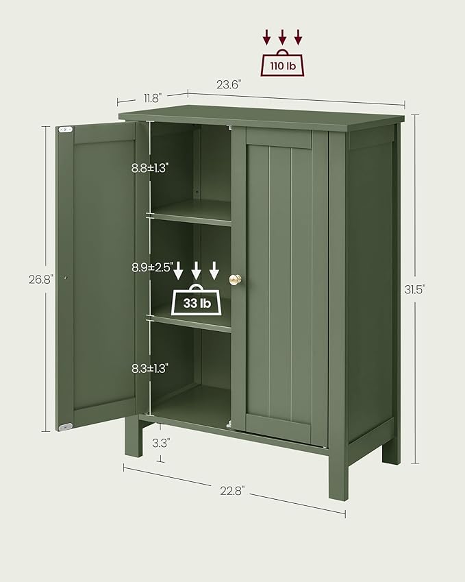 VASAGLE Floor Storage Cabinet, Freestanding Storage Unit with 2 Adjustable Shelves, for Bathroom Living Room Dining Kitchen, 11.8 x 23.6 x 31.5 Inches, Forest Green UBCB060C01