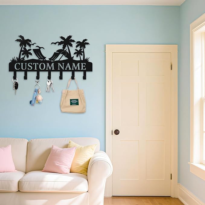 Personalized Key Holder for Wall, Custom Name Metal Key Hanger, Key Hooks with Beach Design, Metal Palm Tree Wall Decor for Living Room, Entryway, Office, Home Decor Aesthetic