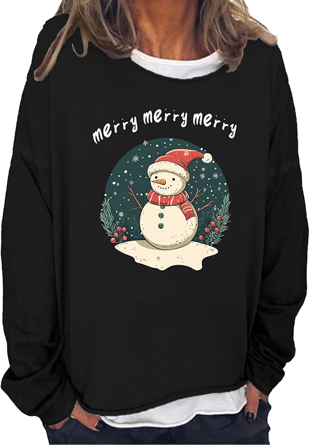 LOAIHA Christmas Shirts for Women Crewneck Snowman Snowflake Santa Graphic Shirts Christmas Tree Long Sleeve Xmas Hoodie