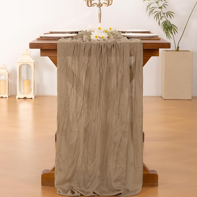 Socomi 6pcs Nude Brown Cheesecloth Table Runner Fall Thanksgiving Boho Rustic Gauze 120 inch 10FT Cheese Cloth Runner for Wedding Party Baby Shower Birthday Home Decor Holiday Decorations