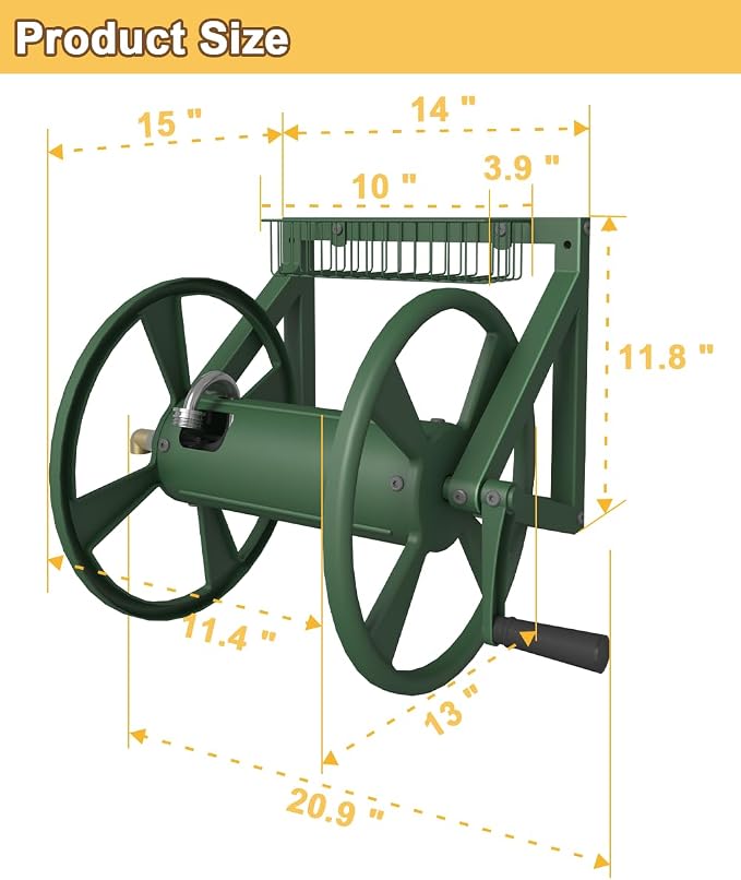 Artigarden Triangle Wall Mounted Garden Hose Reel, Outdoor Heavy-Duty Water Hoses Holder Winder, Holds 125 Ft of 5/8-Inch Hose, with 3.9 ft Leader Hose, Brass Fitting, Storage Basket for Yard, Green