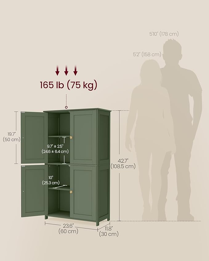 VASAGLE Floor Storage Cabinet, Shaker Cabinet with 2 Adjustable Shelves, 4 Doors, Tall Freestanding Organizer Unit, for Kitchen Bathroom Living Room, Forest Green UBBC553CH01S