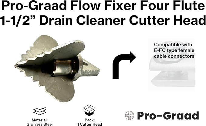 1.6” Spear 4 Flute Flow Fixer Drain Cleaner Plumbing Snake Cutter Head for 2” – 3” Pipes, Clears & Scrapes Inner Walls, Fits 3/8” 1/2" or 9/16” Cables, Commercial & Residential Use