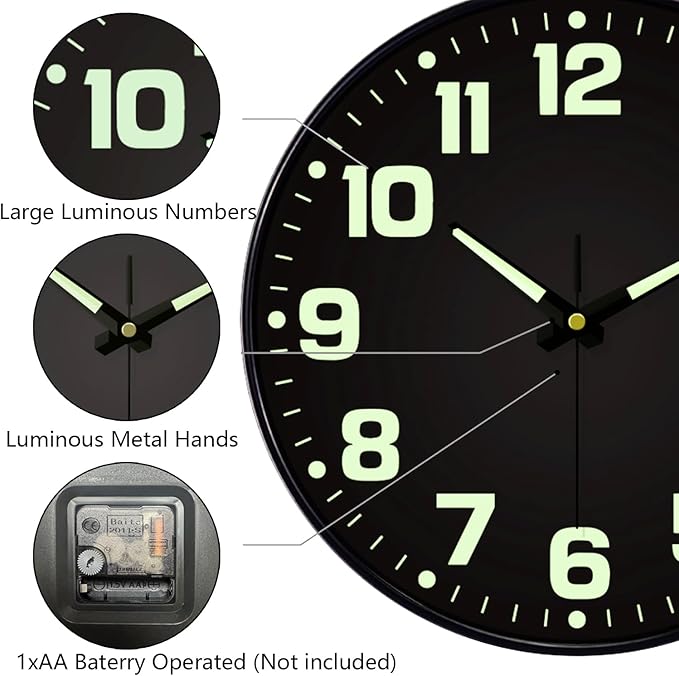 12 Inch Silent Wall Clocks Battery Operated, Glow in The Dark Wall Clock