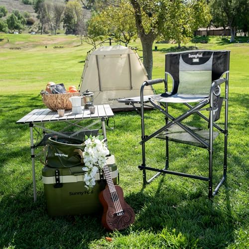 SUNNYFEEL Tall Camping Directors Chair, Portable Folding Artist Makeup Chair with Side Table, Pocket, Footrest, Heavy Duty for Beach,Trip,Picnic,Concert Outdoor Foldable Camp Lawn Chairs