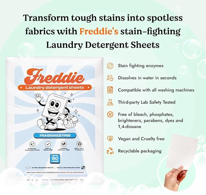 Freddie Laundry Detergent Sheets - Recyclable Packaging - No Mess Strips (Value Box (180 Loads), Fragrance Free)