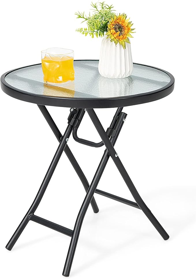 Giantex Folding Side Table, Round Small Patio Table, Tempered Glass Tabletop, Steel Frame, Weather-Resistant Outdoor Indoor Use for Bistro Porch Garden Balcony (Classic Round, 18"x18"x18.5")