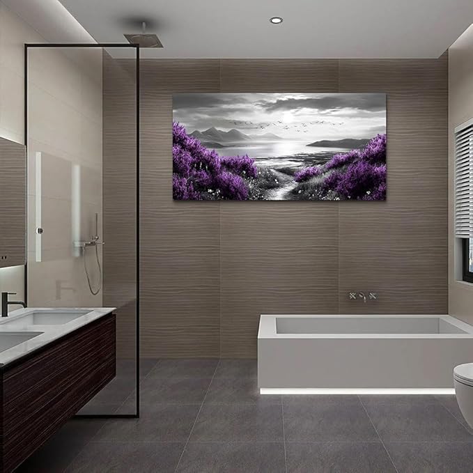 Canvas Wall Art for Living Room Large Wall Decor for Bedroom Modern Office Wall Decoration Purple Flowers Landscape Paintings Black and White Scenery Pictures Artwork Aesthetic Home Decor