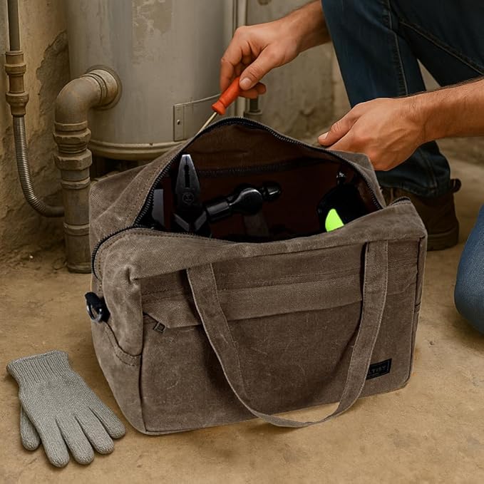 Tool Storage Bag | 16OZ Waxed Canvas Tool Tote Bag with Convenient Handle & Smooth Zipper - for Wrench Set Hammer Pliers, Multi-Purpose Gardening Carrier Bag with 6 Pockets | Grey | Small