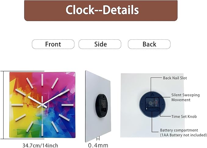 Square Glass Wall Clock Silent Analog Wall Clocks Battery Operated 14 Inch