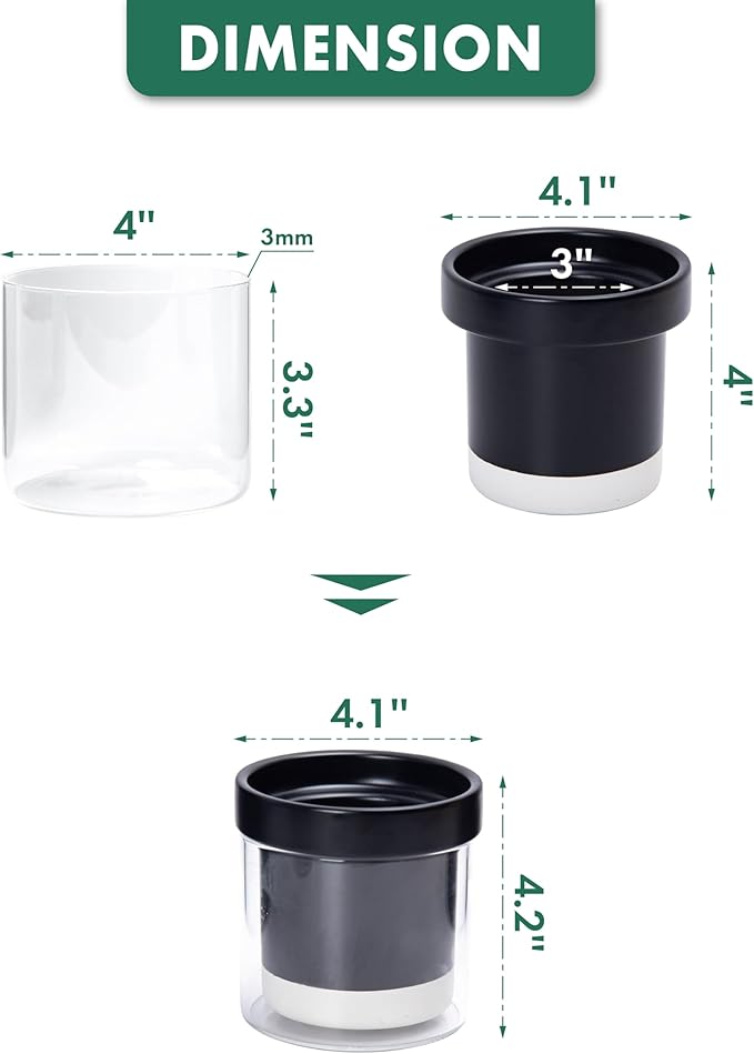 Phoenix Vine 4 Inch Self Watering Planter Pot, Black Terracotta Clay Pot with Glass Reservoir for Indoor Plants, Herbs, Flowers, Set of 4, 52-C-E-4