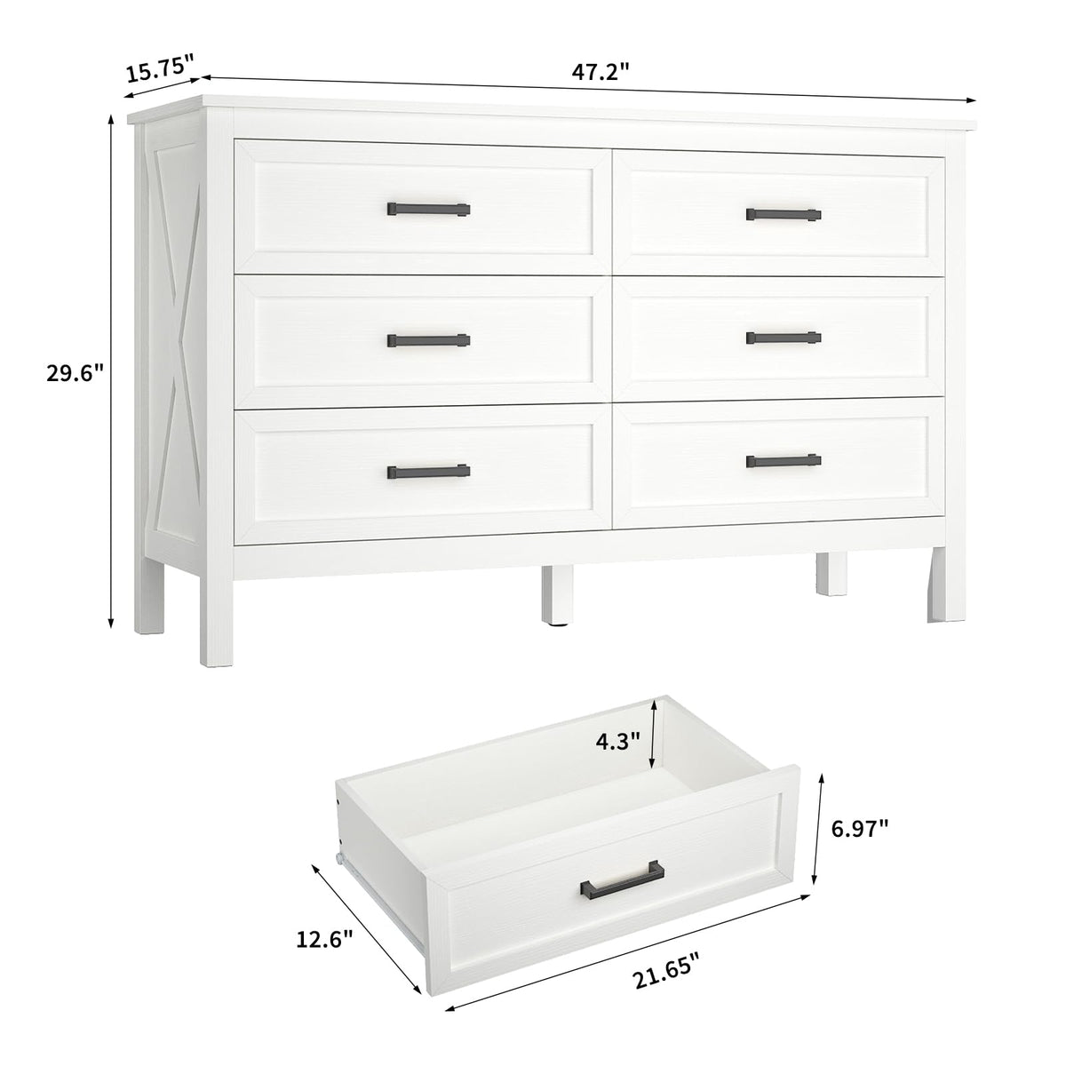 BAZELOR Farmhouse White 6 Drawers Dresser for Bedroom, Wood Rustic Wide Chest with Natural Texture, Storage Dressers Organizer for Bedroom, Hallway, Entryway