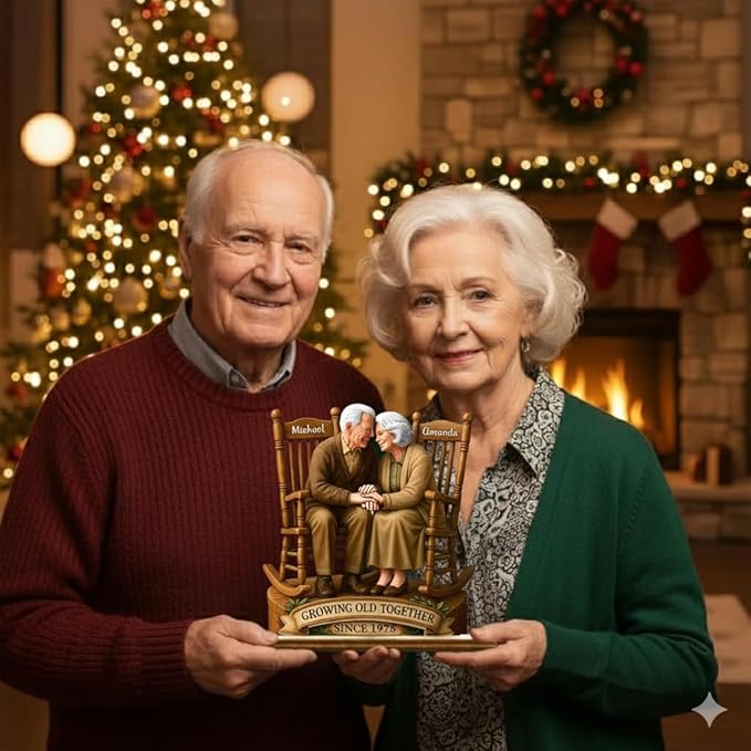 Personalized Wooden Couple Figurine, Growing Old Together Since 1975, Custom Engraved Retirement, Anniversary for Parents and Grandparents, Personalized Family Keepsake