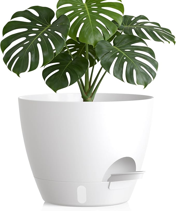 Plant Pots, 1 Pack 12 Inch Self Watering Pots with Drainage Holes, Water Level Indicator Deep Reservoir, Large Planters for Indoor Outdoor Plants - White