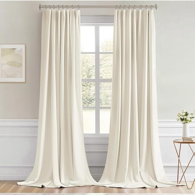 MIULEE Beige White Back Tab Blackout Curtains 120 Inch Long 2 Panels Set