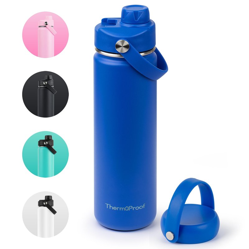 ThermoProof Double-Walled Vacuum Insulated Stainless Steel Water Bottle - Wide Mouth with Chug & Spout Lids, Dishwasher Safe, Reusable, Leakproof, Hot & Cold for Men, Women & Kids - 22oz, Blue