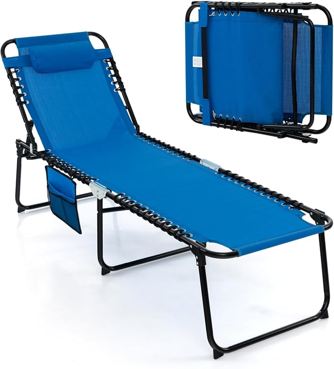 Tangkula Beach Lounge Chair for Outside, Folding Chaise Lounge Outdoor with 4-Position Backrest, Removable Headrest and Side Pocket, Portable Sunbathing Tanning Chair for Patio, Poolside (1, Navy)