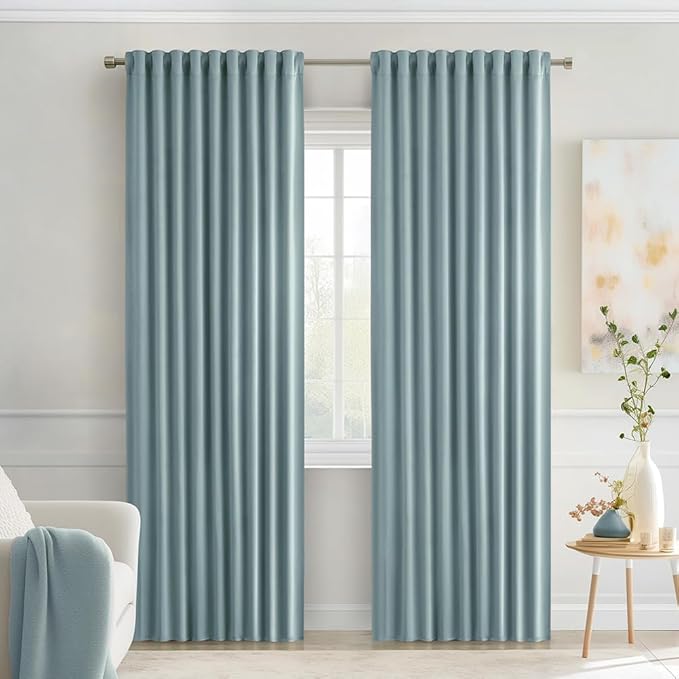 MIULEE Slate Blue Back Tab Blackout Curtains 90 Inches Long 2 Panels Set