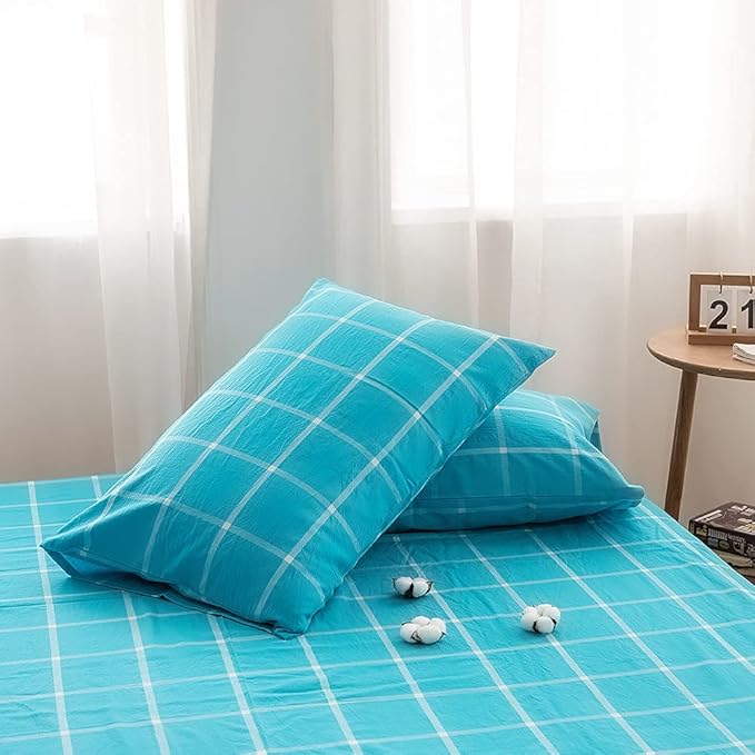 FACE TWO FACE Bedding Duvet Cover Set 3 Pieces 100% Washed Cotton Duvet Cover Linen Like Textured Breathable Durable Soft Comfy (Queen, Turquoise Grid)