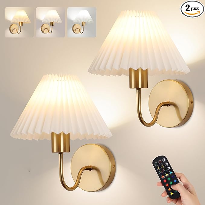 Wireless Wall Sconce Sets of 2, Pleated Shades Rechargeable Battery Operated
