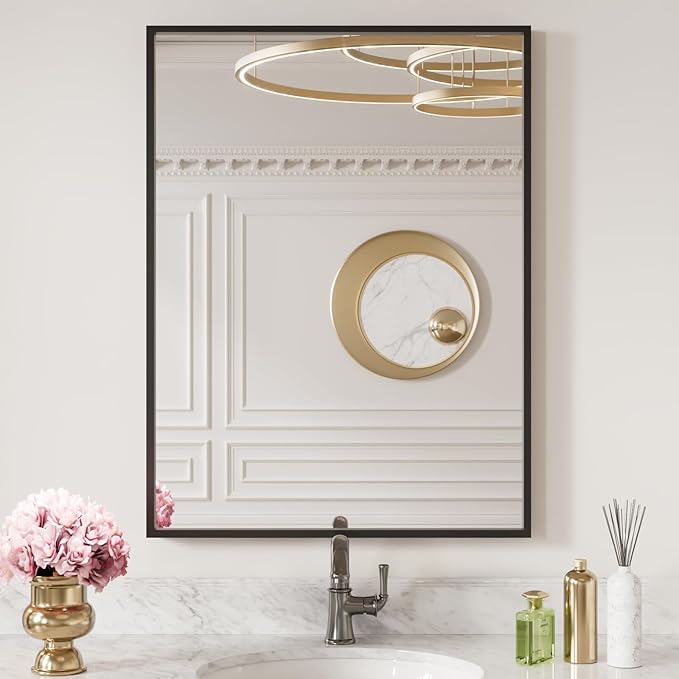 LOAAO 24"X32" Black Rectangle Bathroom Mirror Wall, Matte Black Aluminum Alloy
