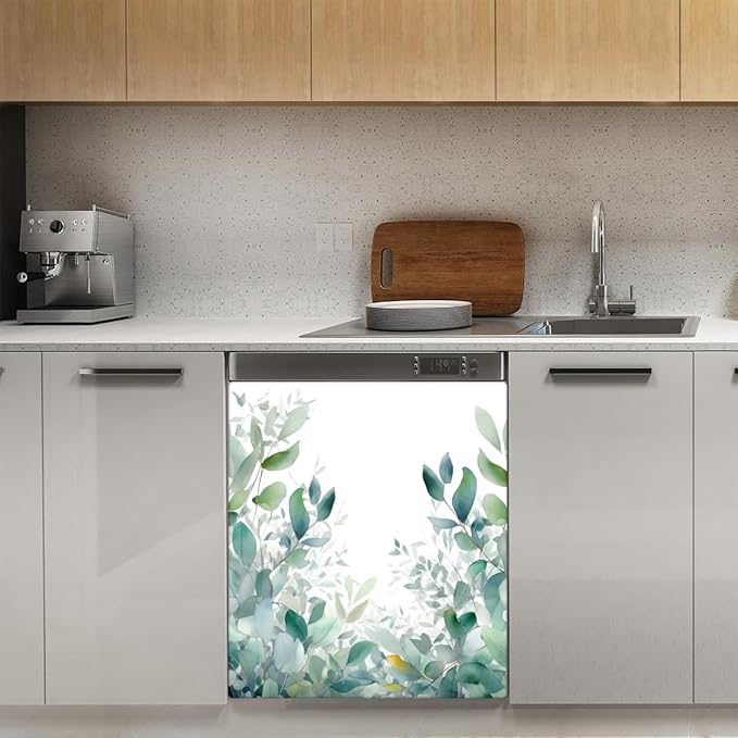 Dishwasher Magnet Cover Watercolor Eucalyptus Leaves Reusable Dishwasher Magnetic Cover Sticker Decorative Dish Washer Door Cover Panel for Home Kitcen Appliance
