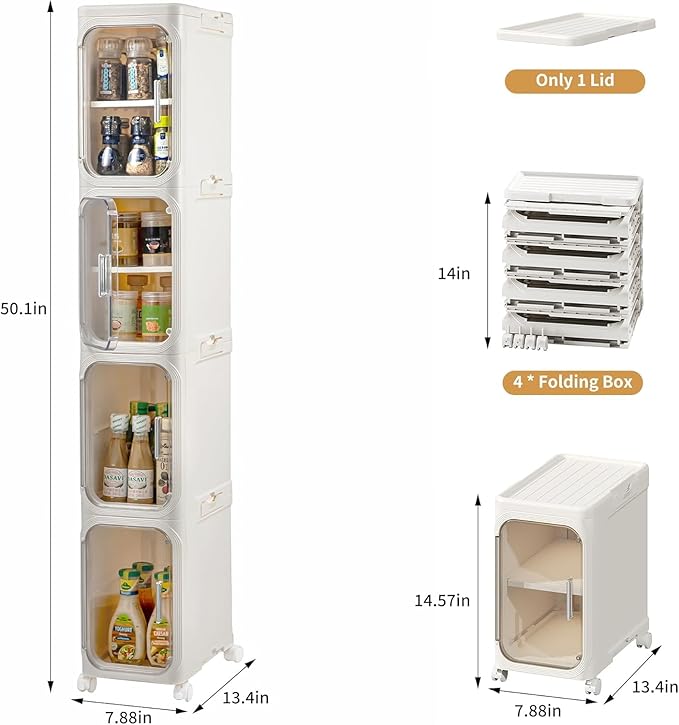4-Tier Slim Tall Narrow Bathroom Storage Cabinet with Adjustable Shelves and Movable Wheels, Magnetic Doors, Plastic Storage Cabinets and Organizers for Small Space, Cream White