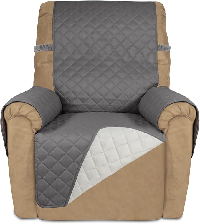 PureFit Reversible Quilted Sofa Cover, Water Resistant Slipcover Furniture Protector, Washable Couch Cover with Non Slip and Elastic Straps for Kids, Dogs, Pets (Recliner, Gray/Ivory)