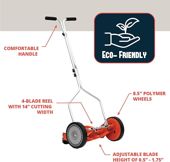 American Lawn Mower Company 1204-14 14-Inch 4-Blade Push Reel Lawn Mower, Red