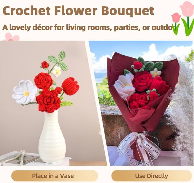 Crochet Flower Bouquet Red Rose, Handmade Knitted Flowers for Halloween Home Decor, Birthday, Wedding, Anniversary, Graduation Gift for Her, Girlfriend, Wife, Womeng (Red)