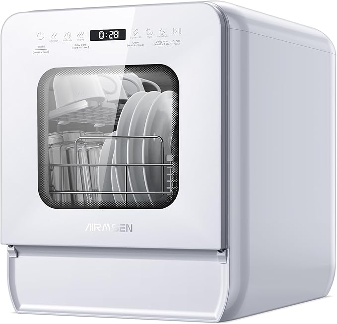 AIRMSEN Narrow Countertop Dishwasher with 5L Water Tank, Portable Dishwasher with 14.6" Narrow & 20.1" Deep Design, 9 Programs, 24H Delay Start & 360° Dual Spray, No Hookup Needed, C01, White