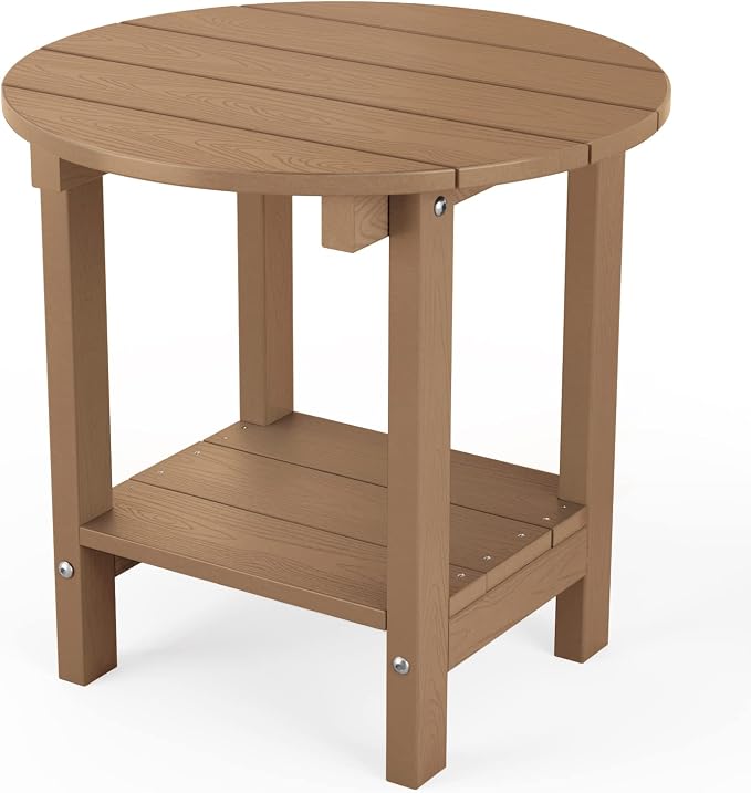MXIMU Round Outdoor Side Table Adirondack Tables 18 Inch Chairside End Tables with Storage Shelf, 2-Tier Plastic Patio Side Table for Balcony Backyard Lawn