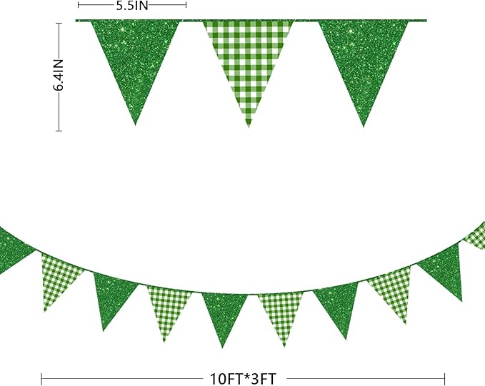 Glitter Green Party Pennant Banner Flag Green Buffalo Plaid Hanging Paper Triangle Bunting for Birthday Baby Shower Christmas Holiday Wedding Bridal Shower St Patrick's Day Party Decorations Supplies