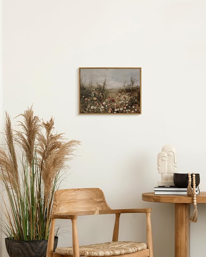 InSimSea Framed Canvas Prints Art Vintage Decor, Classical Wildflower Field Meadow with Flowers Painting, Rustic Landscape Wall Art for Living Room Bedroom Home Bathroom Wall Decor, 12x16inch