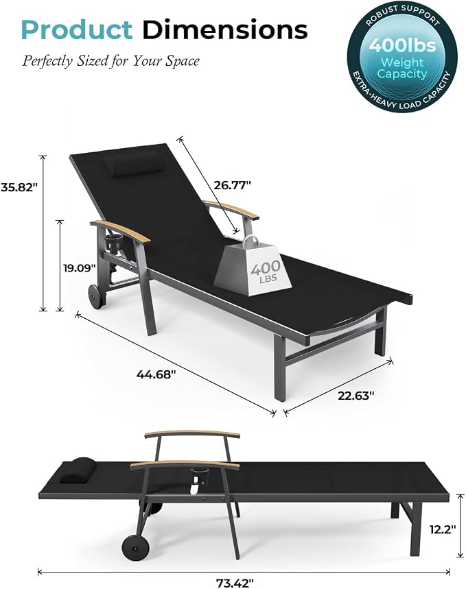 Ciokea Outdoor Lounge Chair with Pillow, 5-Position Aluminum Chaise Lounge with Wheels & Armrests, 400 lbs Heavy Duty Patio Pool Chair for Backyard, Deck, Beach & Poolside (Black)