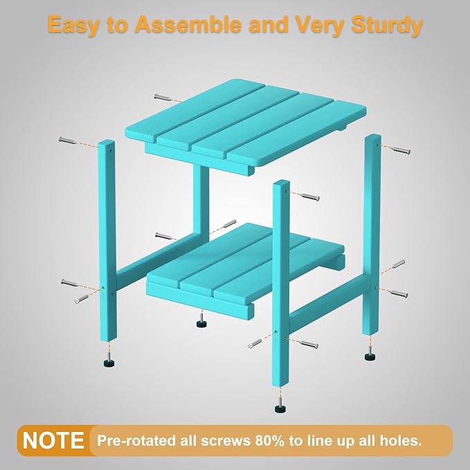 Outdoor Side Table, 17.7-Inch Small Patio Side Table with Adjustable Feet, All-Weather HDPE Adirondack End Table for Porch Deck Balcony Pool, Easy Maintenance, Aruba Blue
